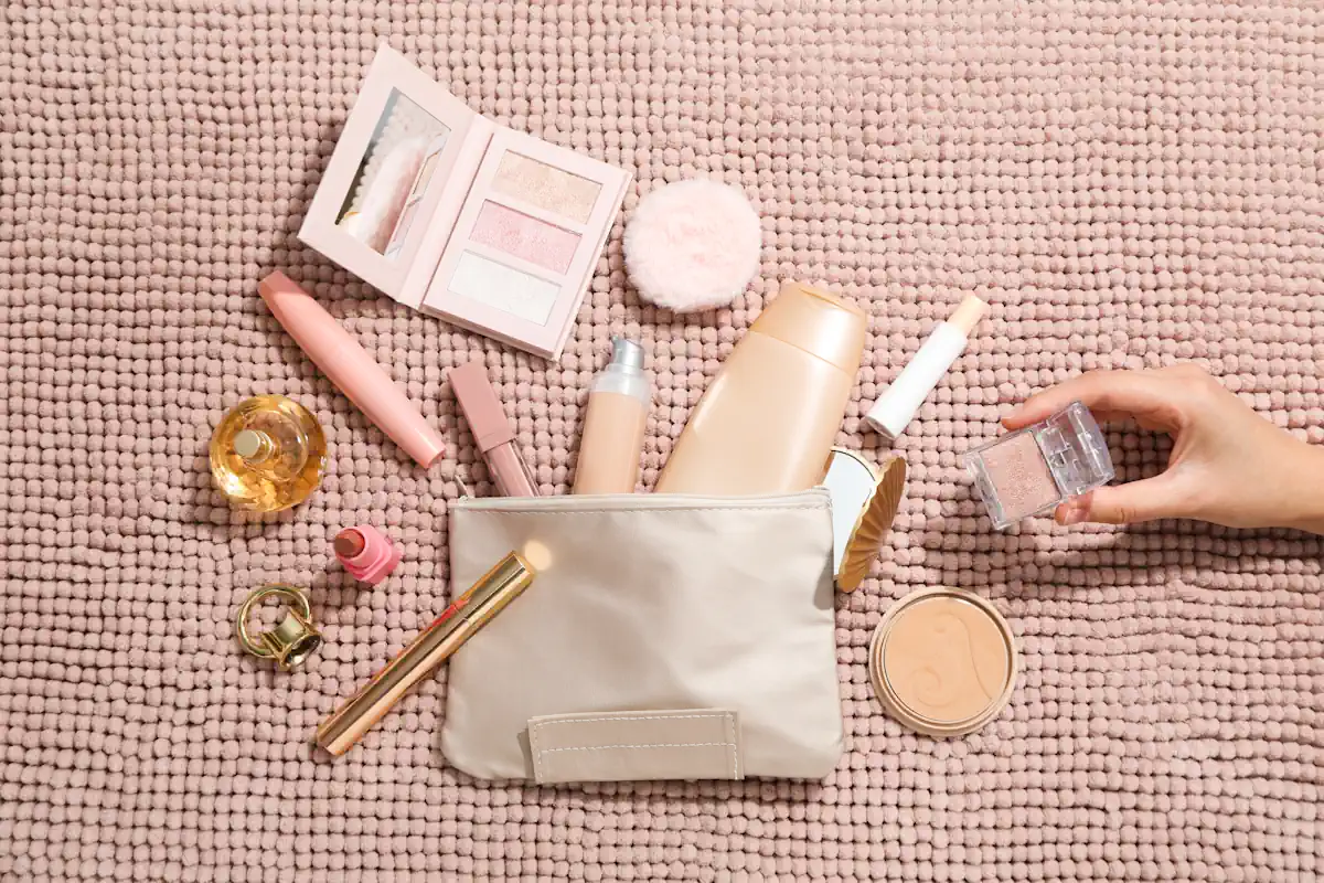 Une personne qui range des produits de beauté miniature dans une petite trousse