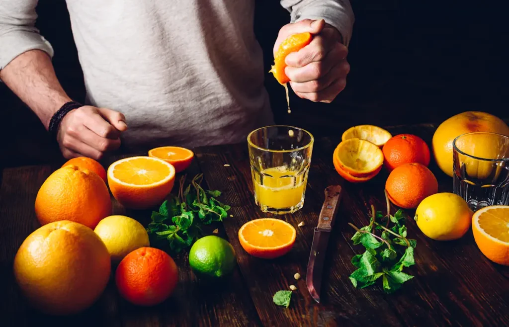 Un homme qui presse une orange dans un verre sur une table où sont posés d'autres oranges