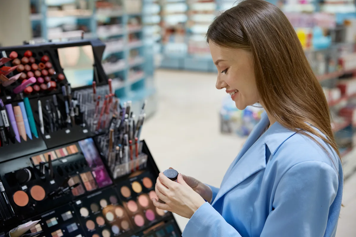 Une femme avec les yeux sensibles qui achète du maquillage water proof